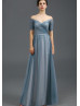 Off Shoulder Gray Blue Tulle Pleated Long Evening Dress